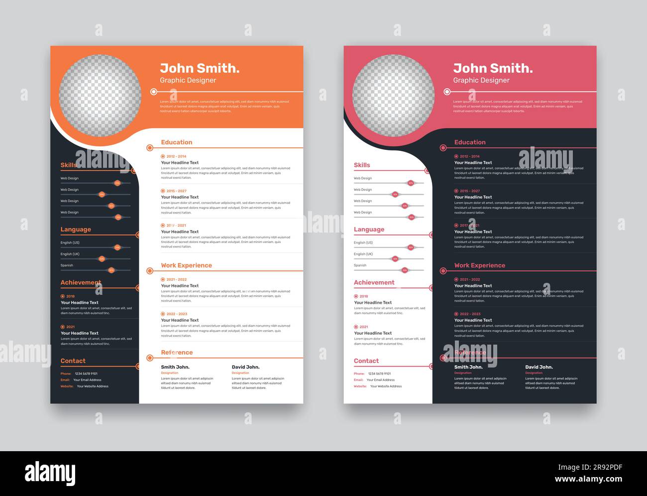 Modello di curriculum professionale semplice e minimalista con due varianti di colore Illustrazione Vettoriale