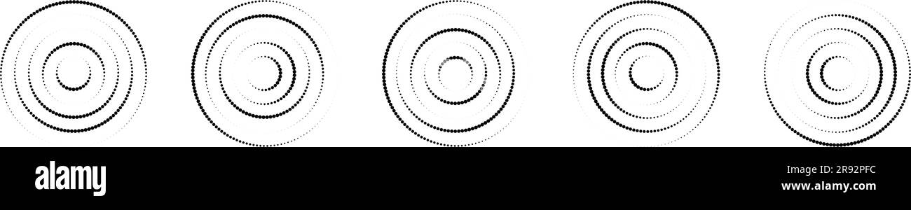 Pacchetto icone ripple circolari. Cerchi concentrici con linee interrotte di polka. Vortice, onda radio o sonar, onda sonora, scoppio solare, segnali di segnale Illustrazione Vettoriale