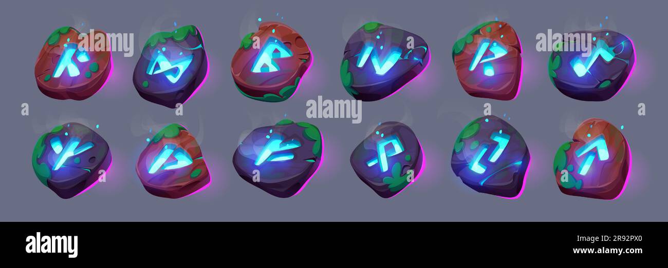 Set di icone vettoriali dell'interfaccia di gioco fantasy Viking Stone Rune. Illustrazione dell'alfabeto runico dell'interfaccia utente in legno antico. Cartoni animati rosa e blu scintillante simbolo di mistero raccolta di clipart e nebbia. Kit Shiny astratto Illustrazione Vettoriale