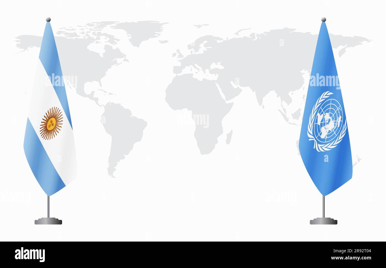 Argentina e bandiere delle Nazioni Unite per un incontro ufficiale sullo sfondo della mappa mondiale. Illustrazione Vettoriale