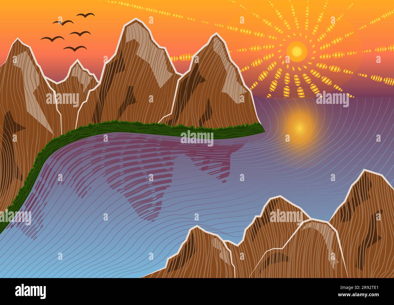 Illustrazione costiera con stormo di uccelli e vista sull'oceano e sulle montagne disegnate in stile tagliato su legno Illustrazione Vettoriale