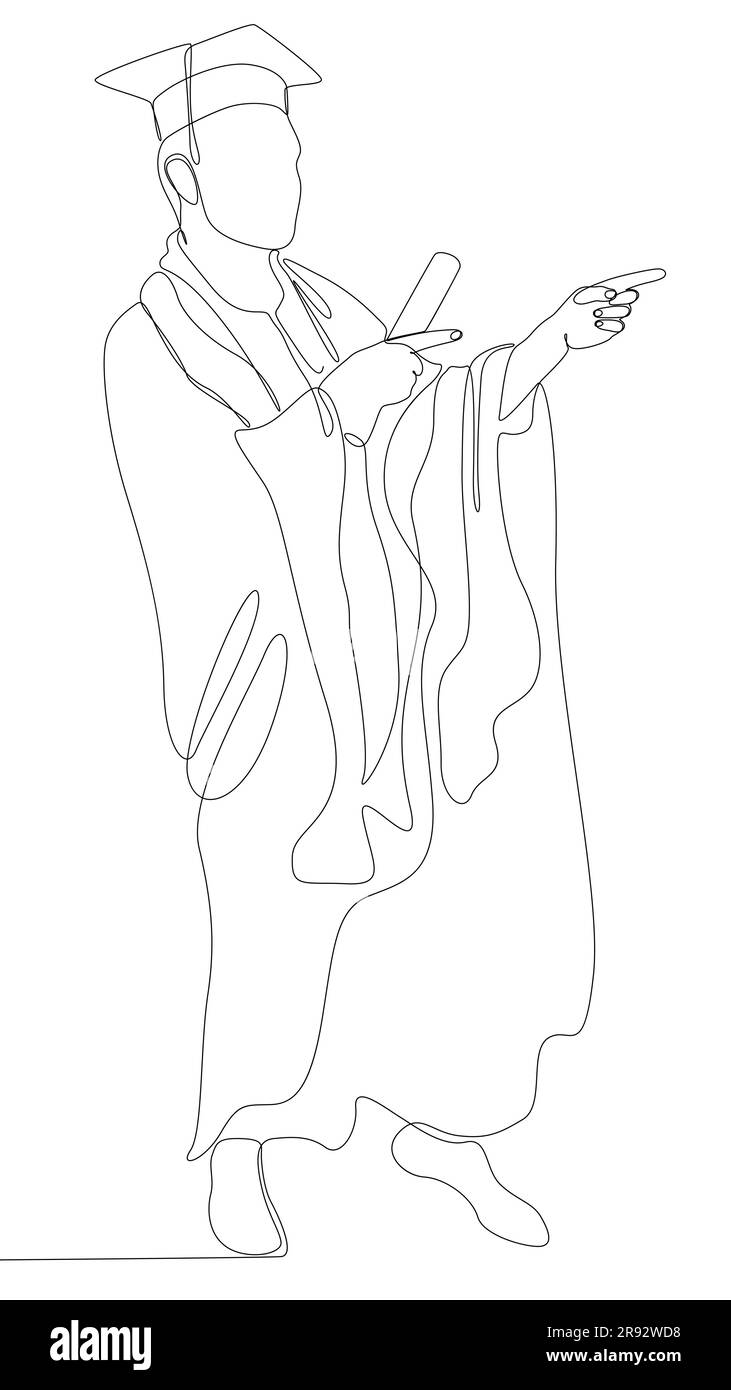 Una linea continua di studenti universitari che celebrano un evento di laurea indossando uniforme con lavagna. Concetto vettoriale illustrazione a linee sottili. Illustrazione Vettoriale