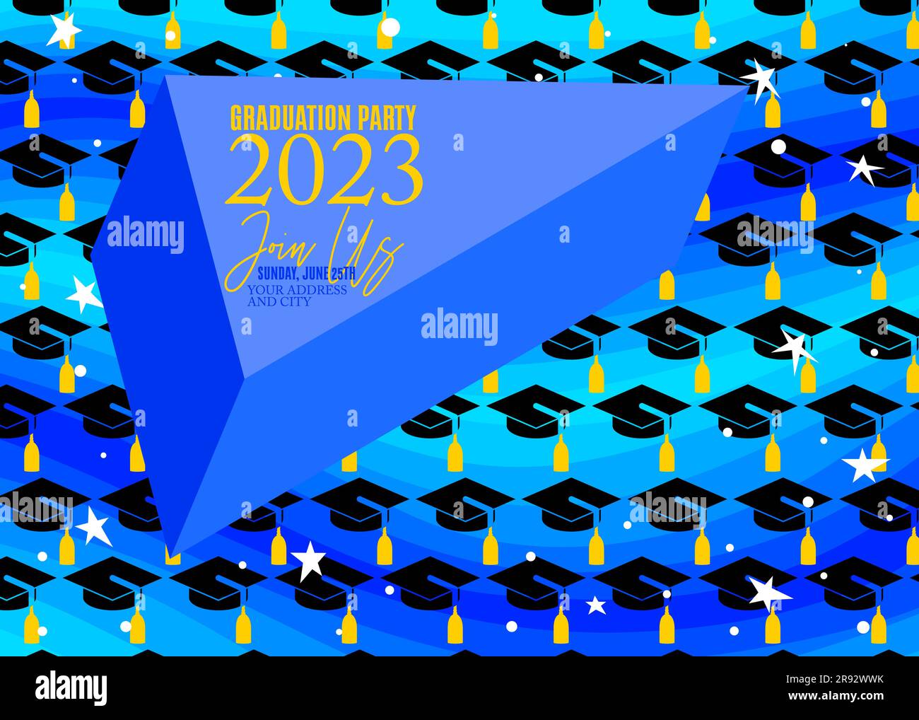 Festa in onore della classe di 2023 laureati. Scheda di invito per il disegno vettoriale per il modello per laureati. Evento di laurea, saluto, annuario Illustrazione Vettoriale