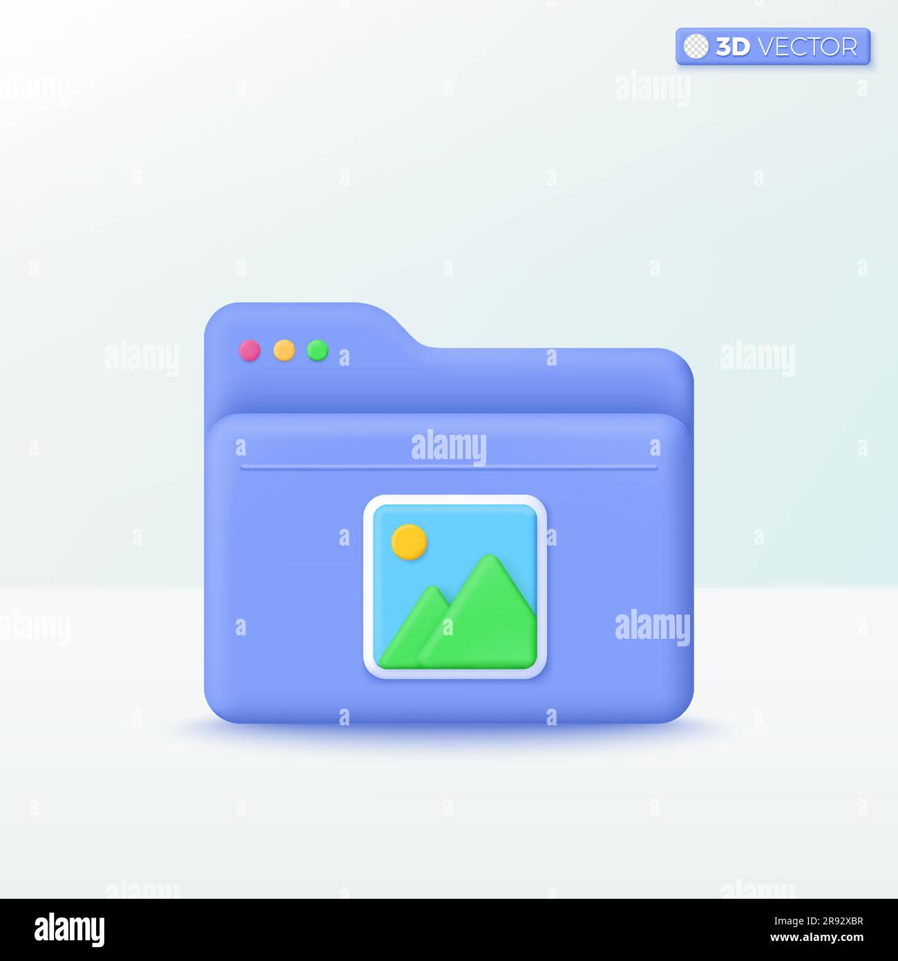 Cartella con icona immagine. Portfolio per presentazioni, archiviazione di videocamere, ricerca confortevole, dati memorizzati, concetto di gestione dei file. Isol vettoriale 3D. Illustrazione Vettoriale