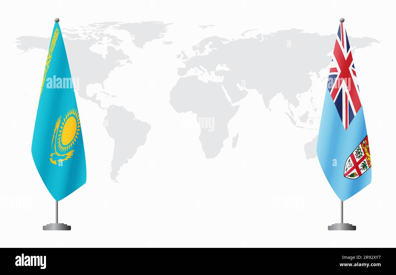 Bandiere del Kazakistan e delle Figi per un incontro ufficiale sullo sfondo della mappa mondiale. Illustrazione Vettoriale