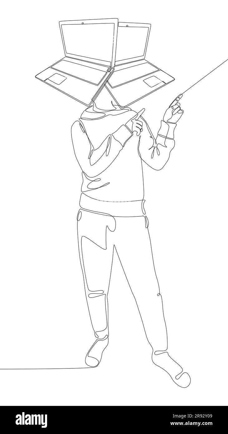 Una linea continua di uomini con la testa del notebook che punta con il dito. Concetto vettoriale illustrazione a linee sottili. Idee creative per disegnare contorni. Illustrazione Vettoriale
