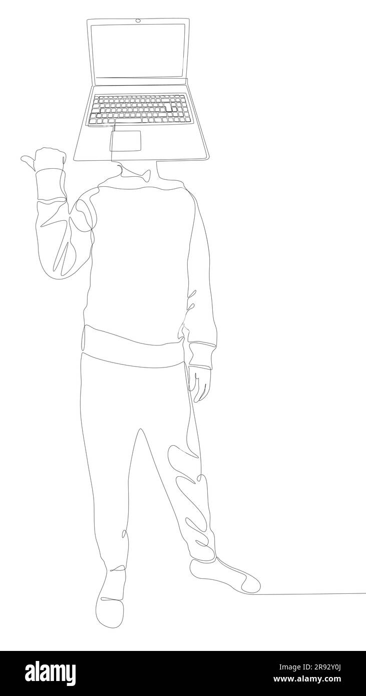 Una linea continua di uomini con la testa del notebook che punta con il dito. Concetto vettoriale illustrazione a linee sottili. Idee creative per disegnare contorni. Illustrazione Vettoriale