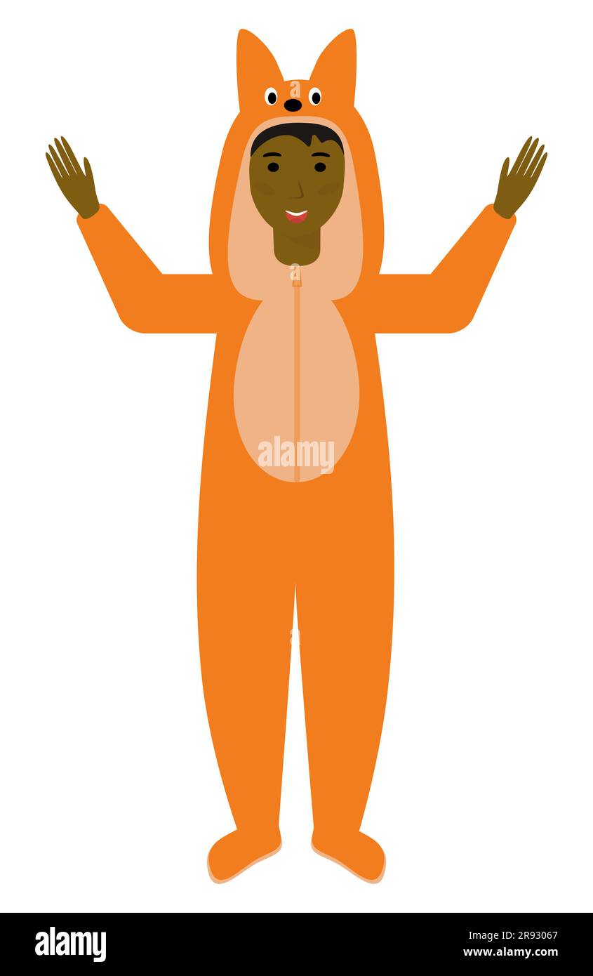 Fox Kid nel pigiama animale. I bambini indossano un panno per il pigiama, un simpatico pigiama o un costume animale. Halloween, pigiama o abito da festa di compleanno. Vettore isolato i Illustrazione Vettoriale