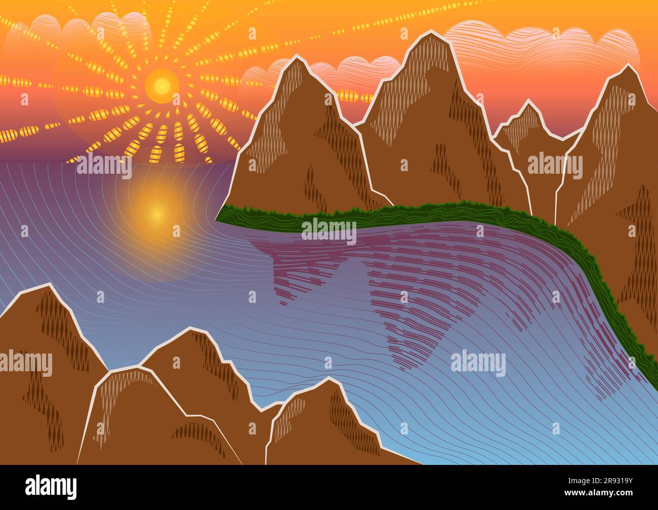 Illustrazione della costa con vista sull'oceano e sulle montagne disegnate in legno Illustrazione Vettoriale