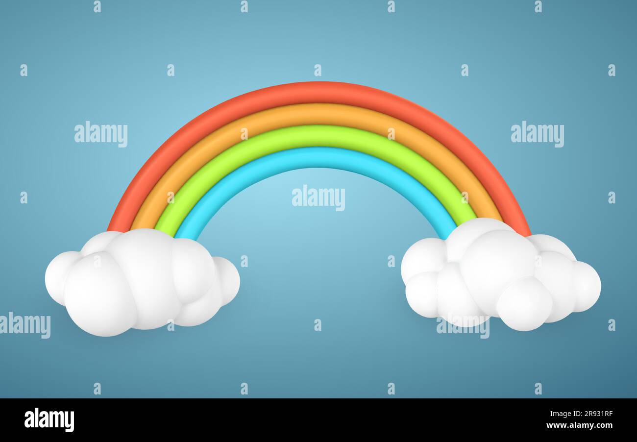 arcobaleno 3d con nuvole in stile cartone animato. Concetto di fenomeno. Illustrazione vettoriale. Illustrazione Vettoriale