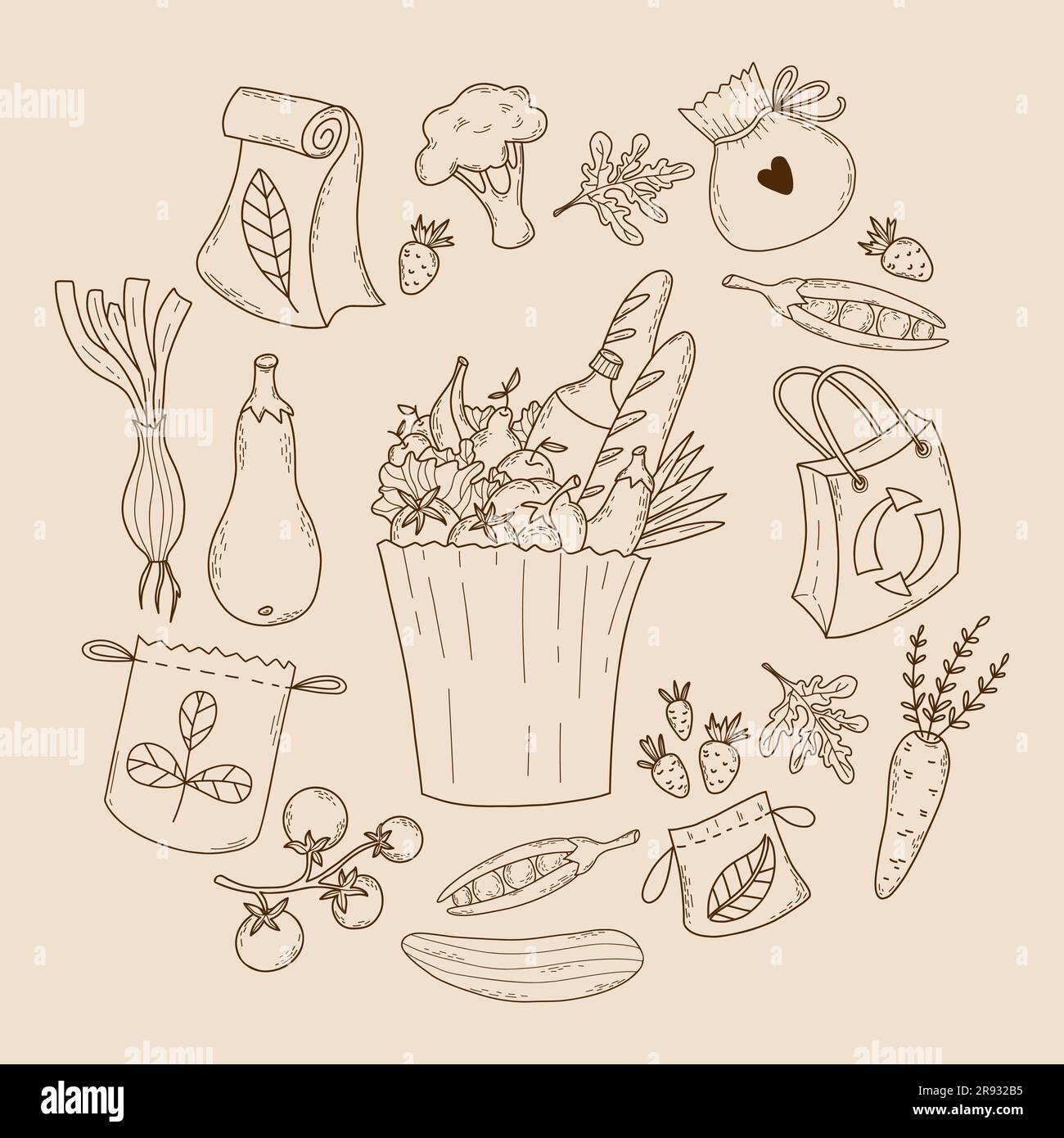 Sacchetto Eco di raccolta con alimenti, verdure e sacchetti di carta. Profilo vettoriale isolato disegna a a mano prodotti e confeziona sacchetti e buste Illustrazione Vettoriale