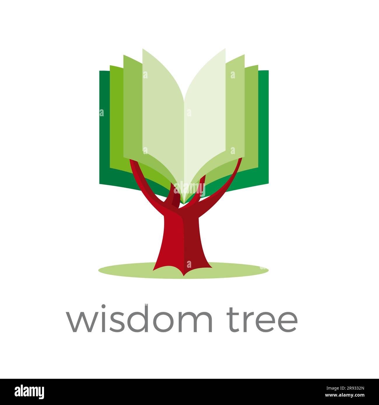 Albero di saggezza. Un libro invece delle foglie di un albero. Concetto di istruzione e apprendimento. Illustrazione vettoriale. Modello logo Illustrazione Vettoriale