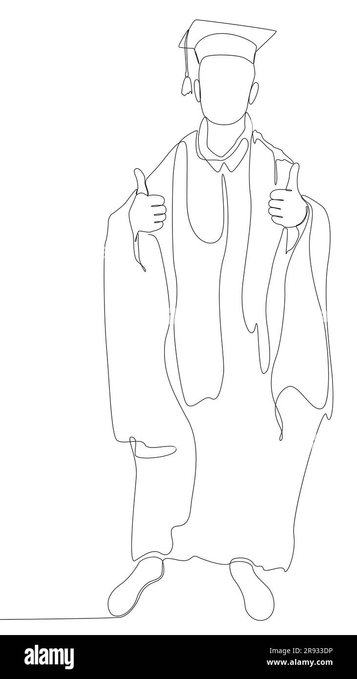 Una linea continua di studenti universitari che celebrano un evento di laurea indossando uniforme con lavagna. Concetto vettoriale illustrazione a linee sottili. Illustrazione Vettoriale