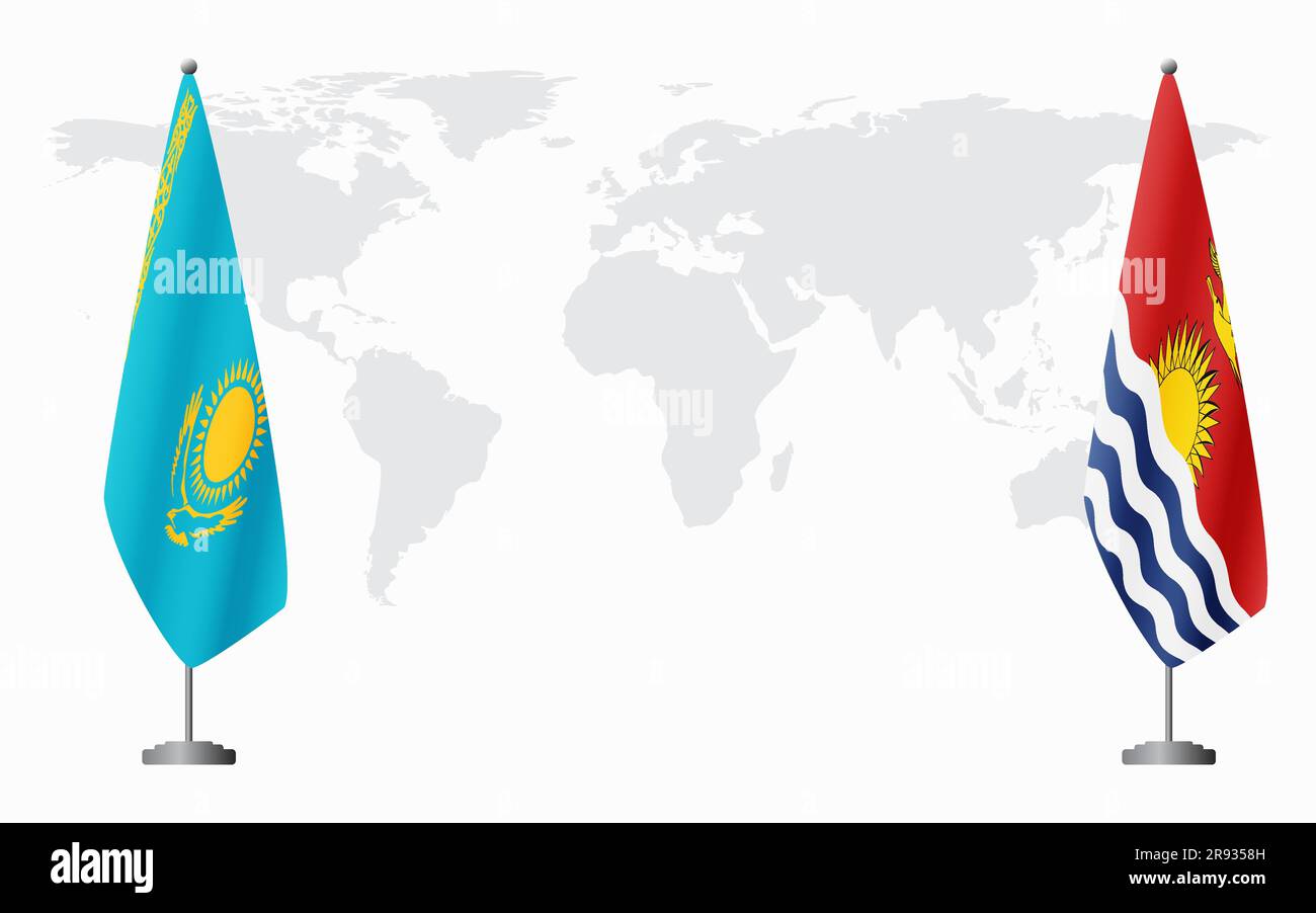 Kazakistan e Kiribati bandiere per un incontro ufficiale sullo sfondo della mappa mondiale. Illustrazione Vettoriale