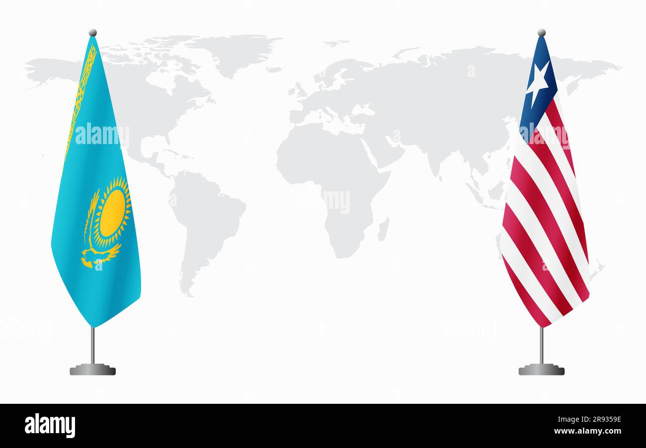 Kazakistan e Liberia bandiere per un incontro ufficiale sullo sfondo della mappa mondiale. Illustrazione Vettoriale