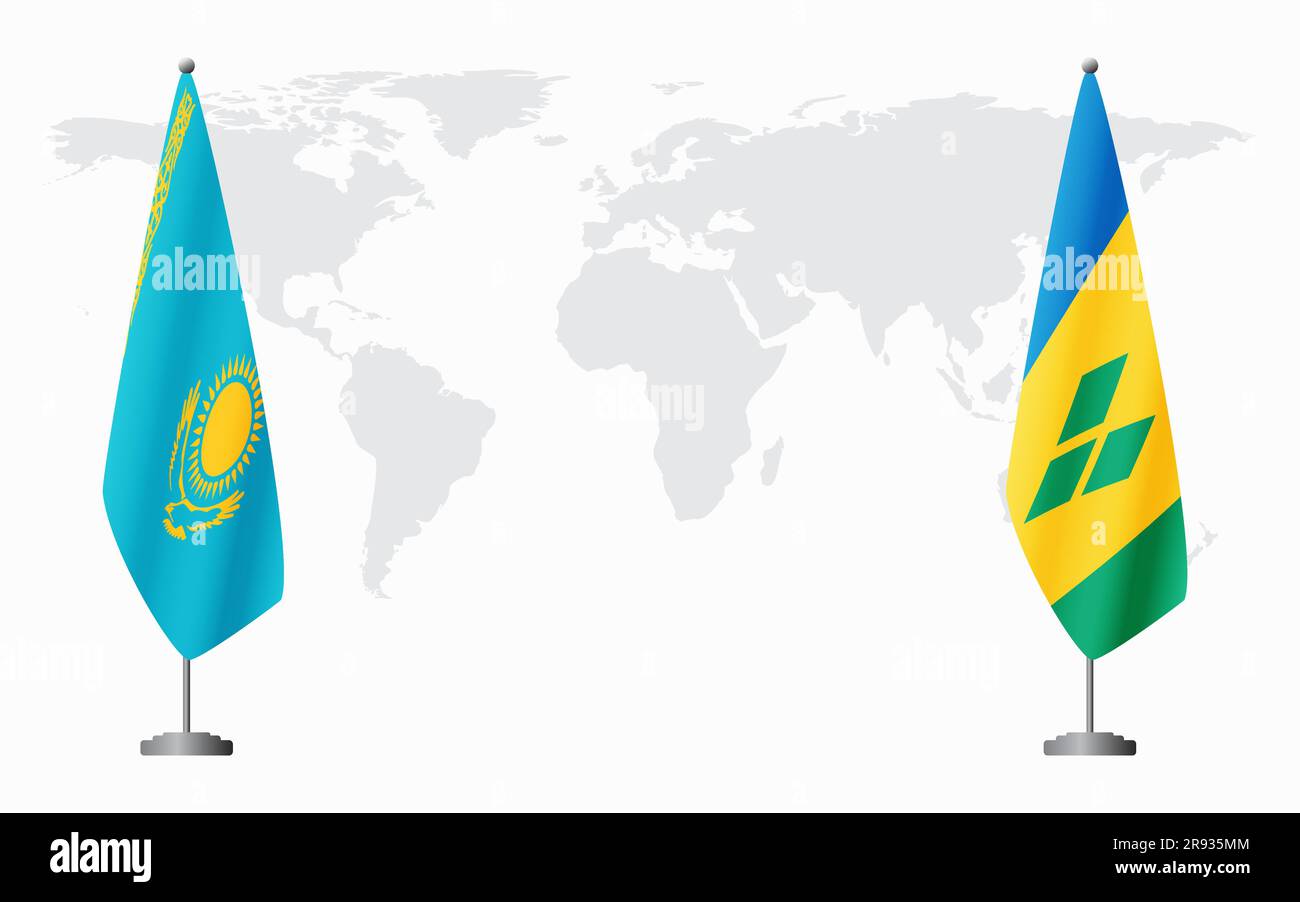 Kazakistan e Saint Vincent e Grenadine bandiere per un incontro ufficiale sullo sfondo della mappa mondiale. Illustrazione Vettoriale