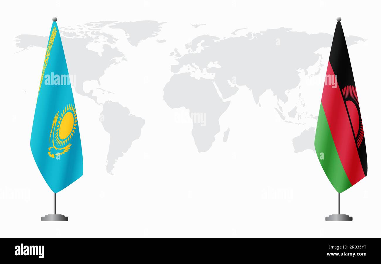 Kazakistan e Malawi bandiere per un incontro ufficiale sullo sfondo della mappa mondiale. Illustrazione Vettoriale