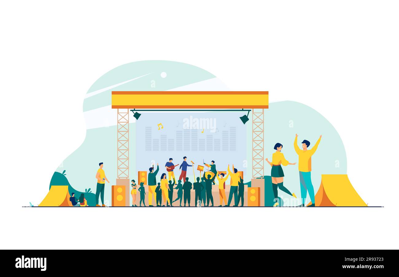 Gente felice che si diverte a Rock concerto piatto vettore illustrazione Illustrazione Vettoriale