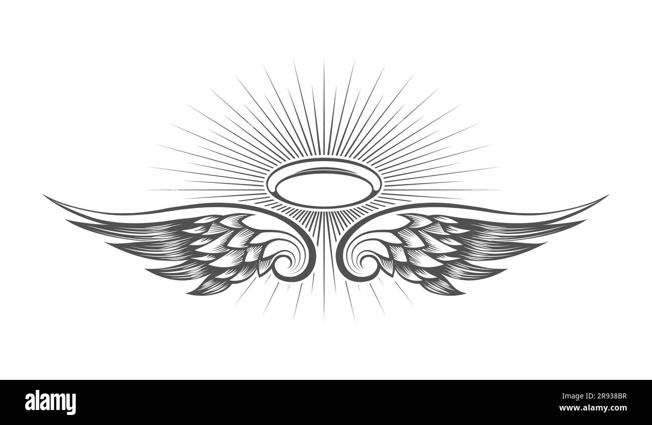 Tatuaggio di Halo con Angelo religioso Wings in stile incisione isolato su sfondo bianco. Illustrazione vettoriale Illustrazione Vettoriale