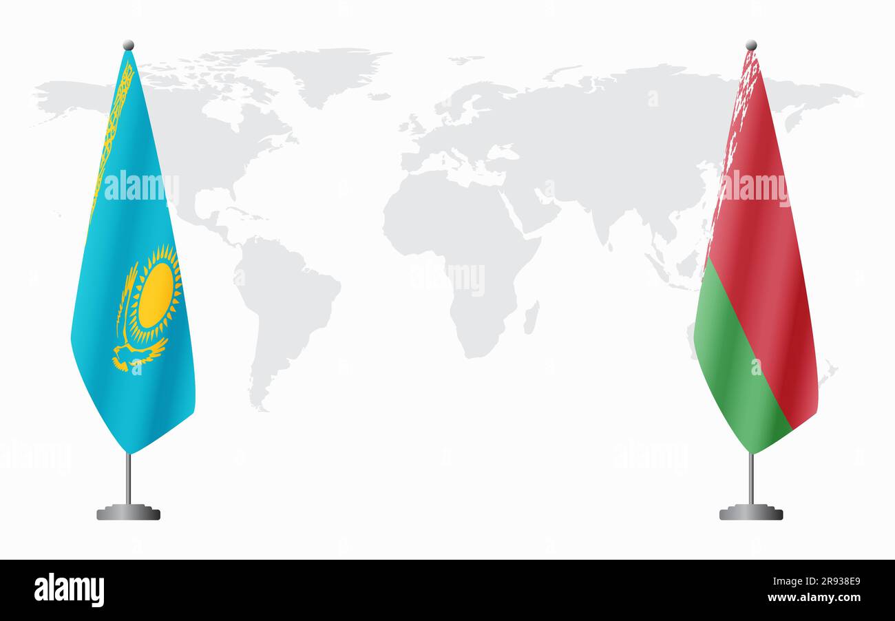 Bandiere del Kazakistan e della Bielorussia per riunioni ufficiali sullo sfondo della mappa mondiale. Illustrazione Vettoriale