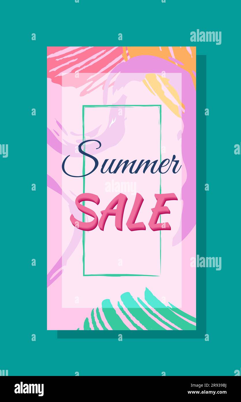 Poster di vendita estiva stagionale, etichetta. Sconti, chiama per i clienti. Striscione verticale o volantino in grassetto schema di colori con tratti di vernice tropicale Illustrazione Vettoriale