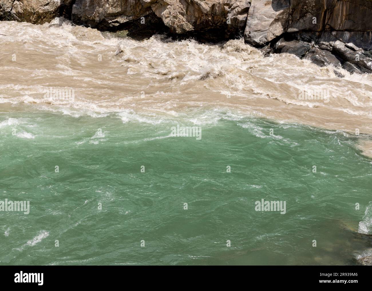 Acqua alluvionale fangosa e acqua pura e limpida che scorre parallela l'una all'altra nella vista ravvicinata della palude del fiume Foto Stock