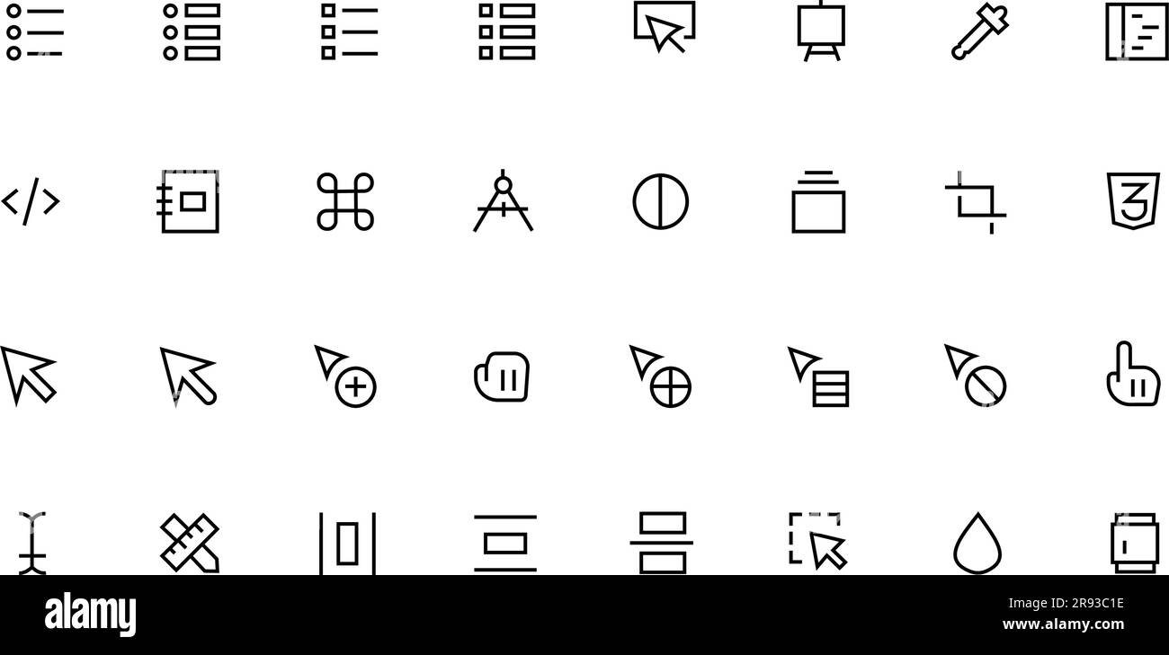 Set di icone di grafica per grafica grafica, disegno, Web e sviluppo autonomo. Vettore stile linea. Set di icone della linea vettoriale correlate all'autoformazione. Illustrazione Vettoriale