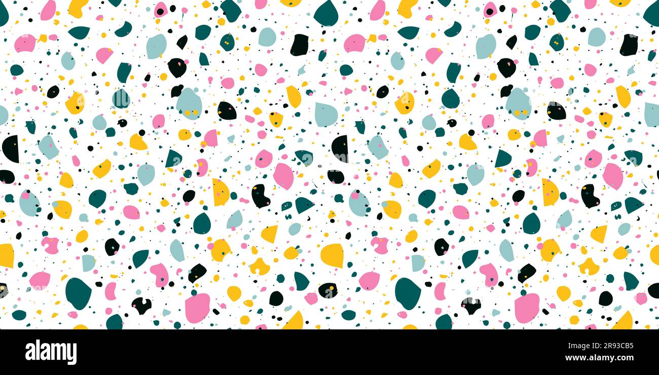 Sfondo orizzontale astratto con motivo senza cuciture sul terrazzo. Piccoli pezzi colorati casuali su sfondo bianco. Illustrazioni vettoriali di tendenza disegnate a mano Illustrazione Vettoriale