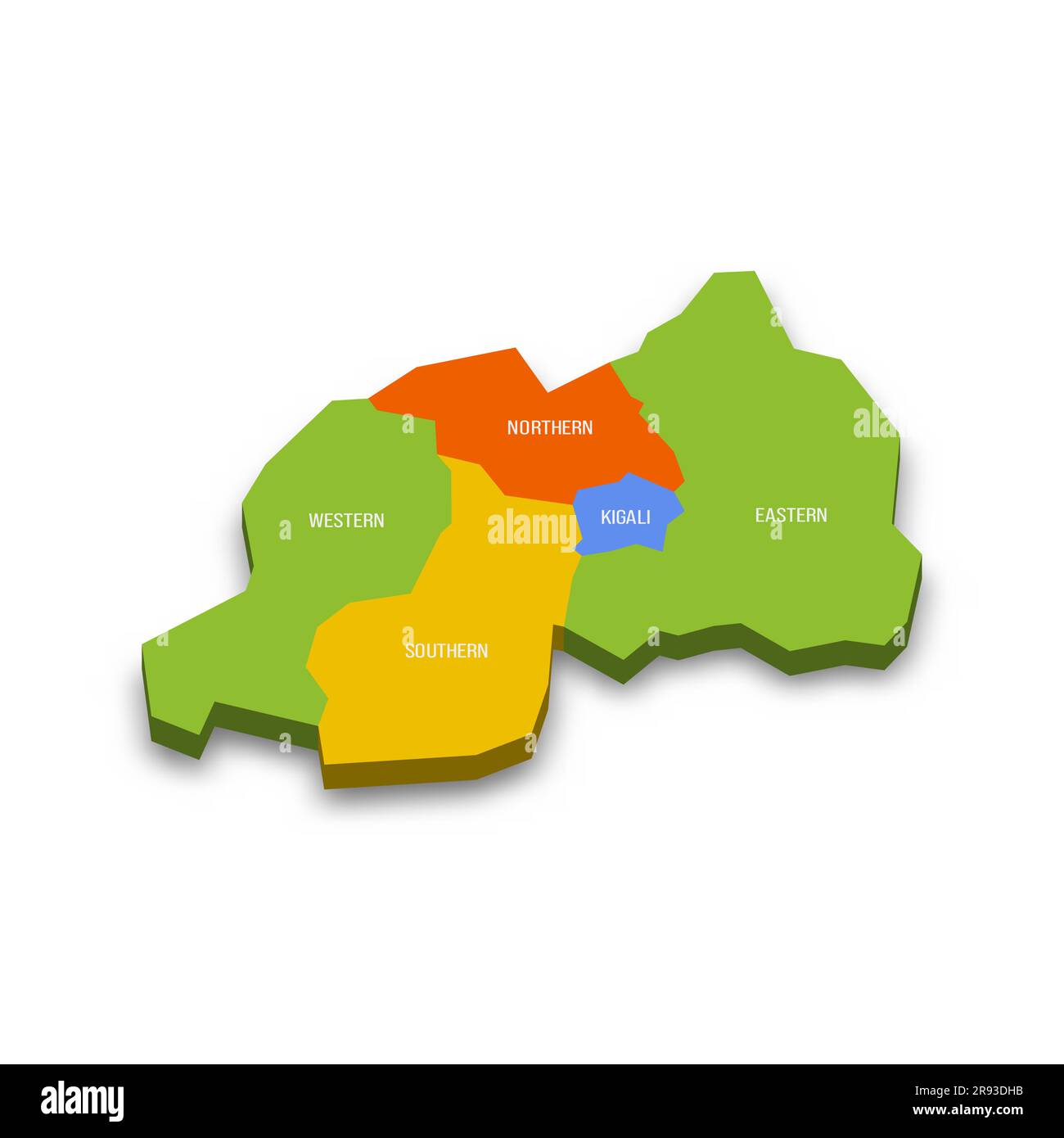 Mappa politica del Ruanda delle divisioni amministrative - province. Mappa vettoriale 3D colorata con nomi di provincia e ombre eliminate. Illustrazione Vettoriale