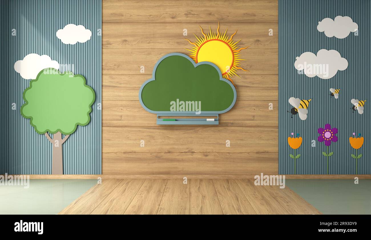 Lezione di asilo colorato vuoto senza bambini e decorazione sulla parete di sfondo - rendering 3d. Foto Stock