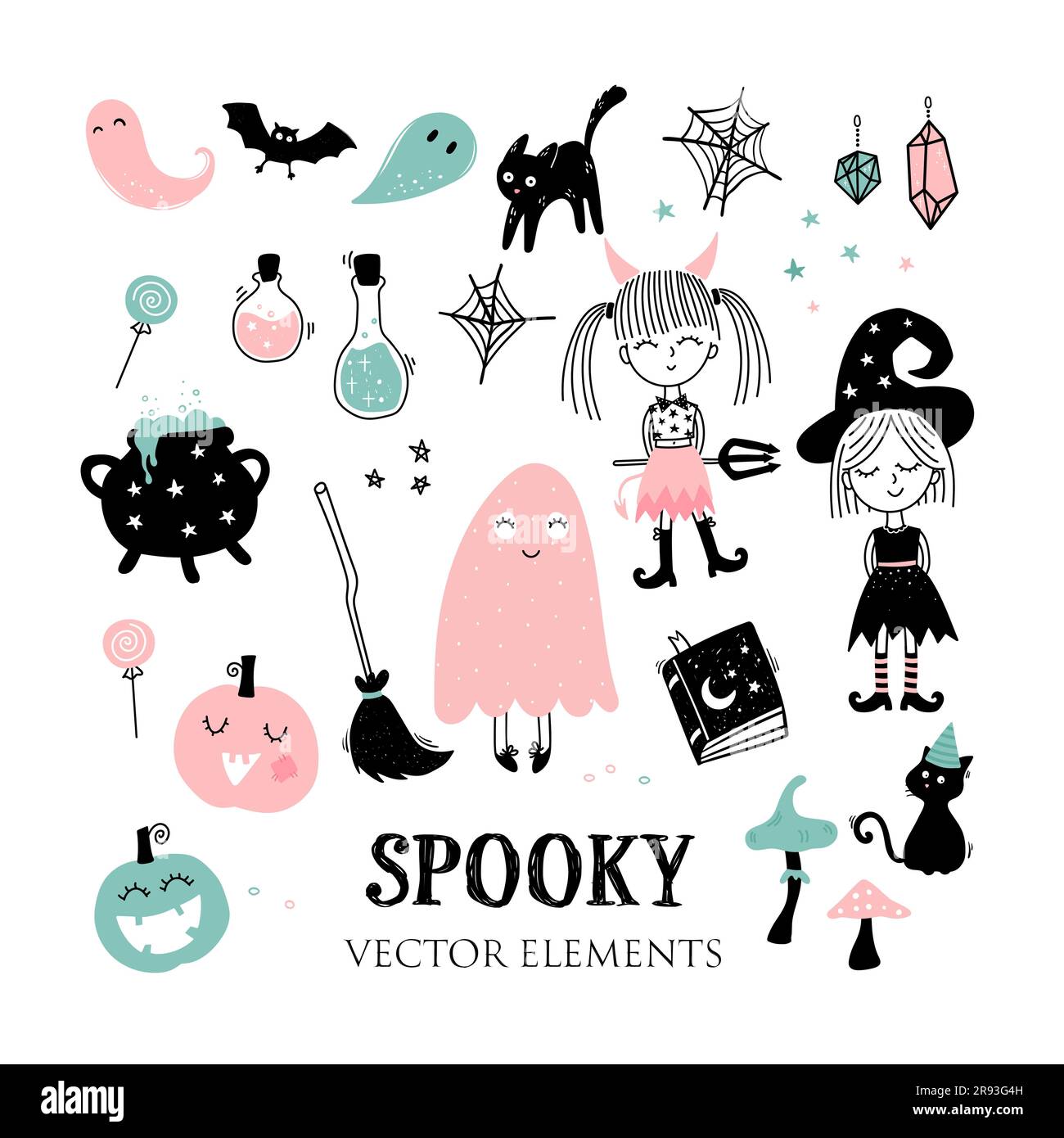 Carino disegno di Halloween disegnato a mano, personaggi e decorazioni spooky, elementi vettoriali. Illustrazione Vettoriale