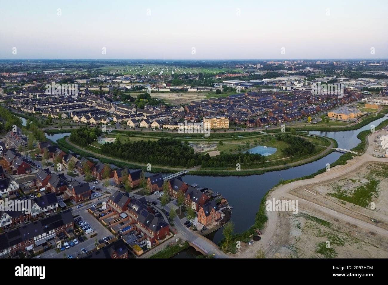 Vista panoramica del quartiere suburbano "Triangel", un nuovo quartiere nella città di Waddinxveen, Paesi Bassi Foto Stock