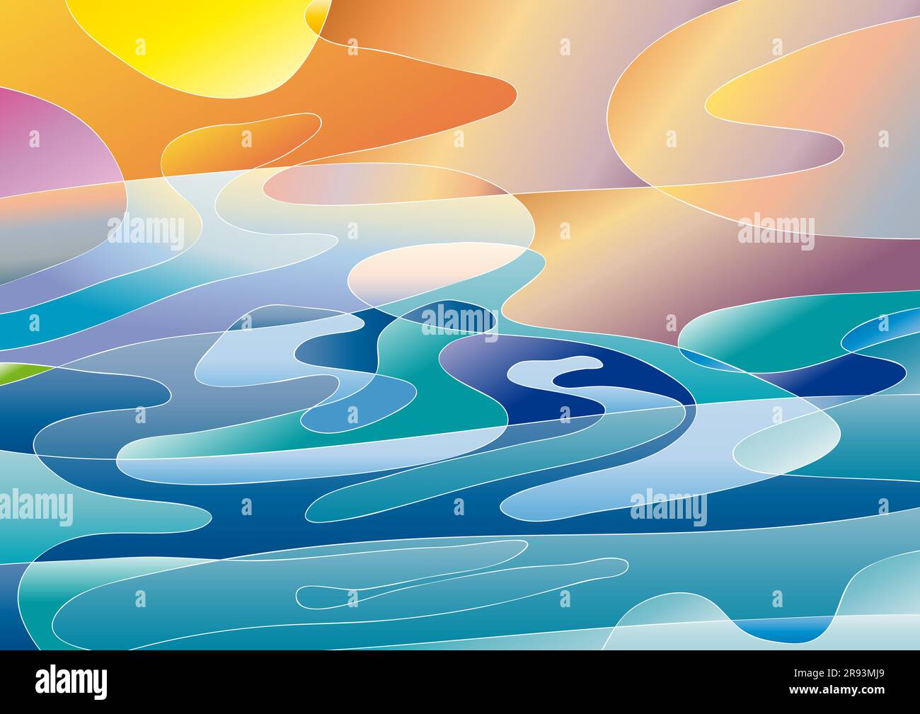 Sfondo geometrico astratto colorato vettoriale. Sole e tempesta sul mare in colori vivaci con macchie di colore diverso e contorno bianco. Chaoti Illustrazione Vettoriale