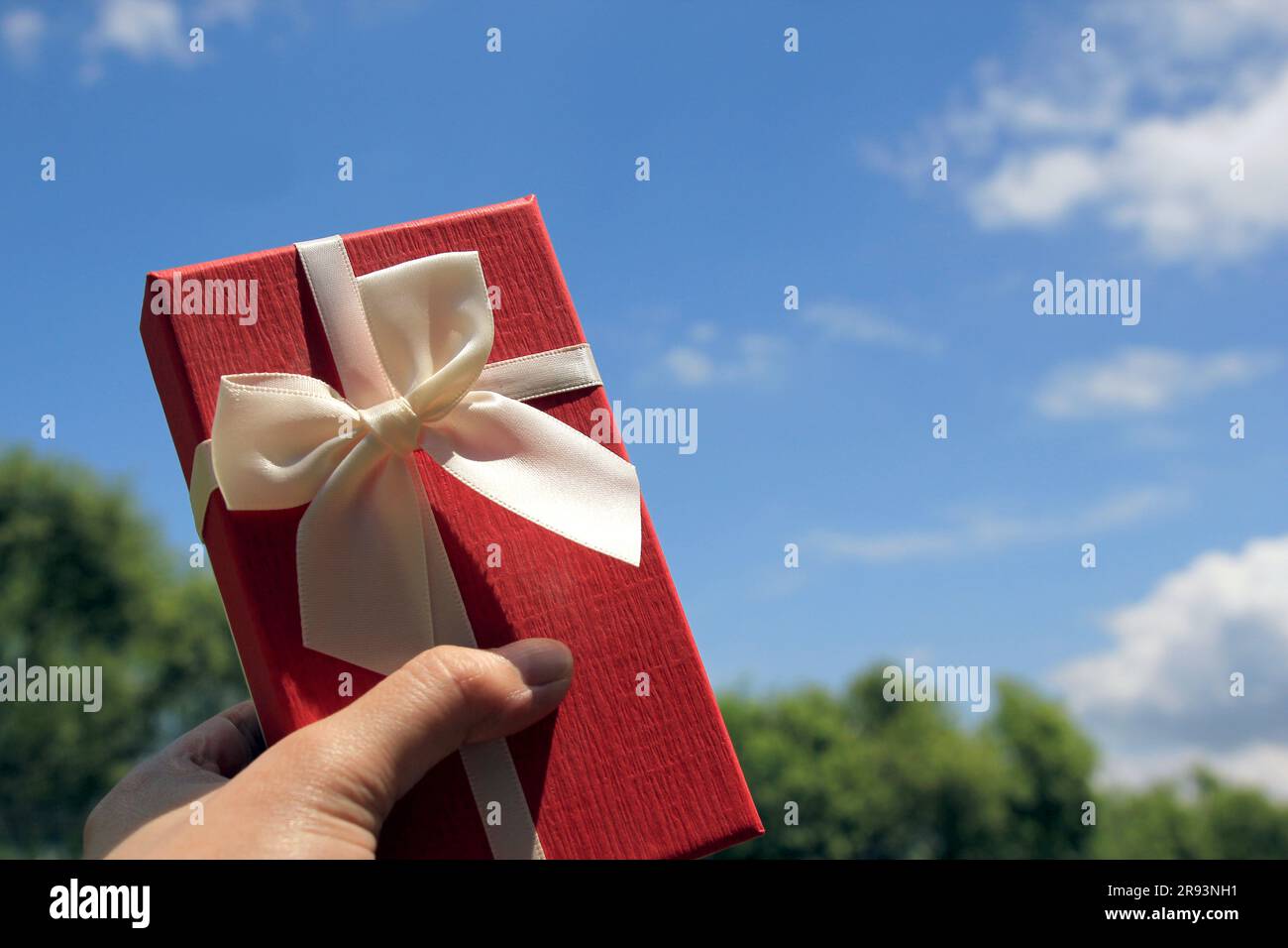 Il tema dei festeggiamenti e dei regali: Mano che regge un regalo avvolto in una scatola rossa con nastro bianco e fiocco Foto Stock