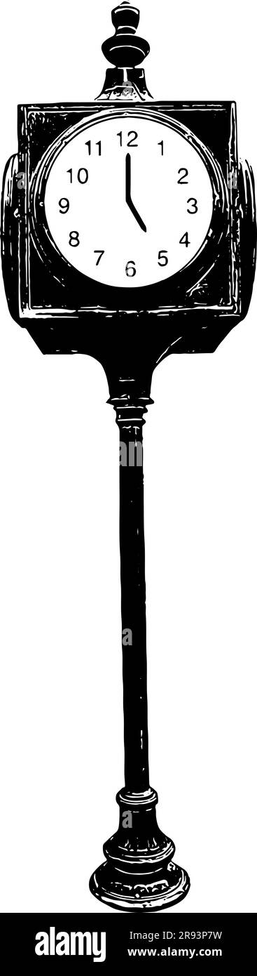 Orologio da strada in stile vintage con illustrazione a ore 5 in nero isolato Illustrazione Vettoriale