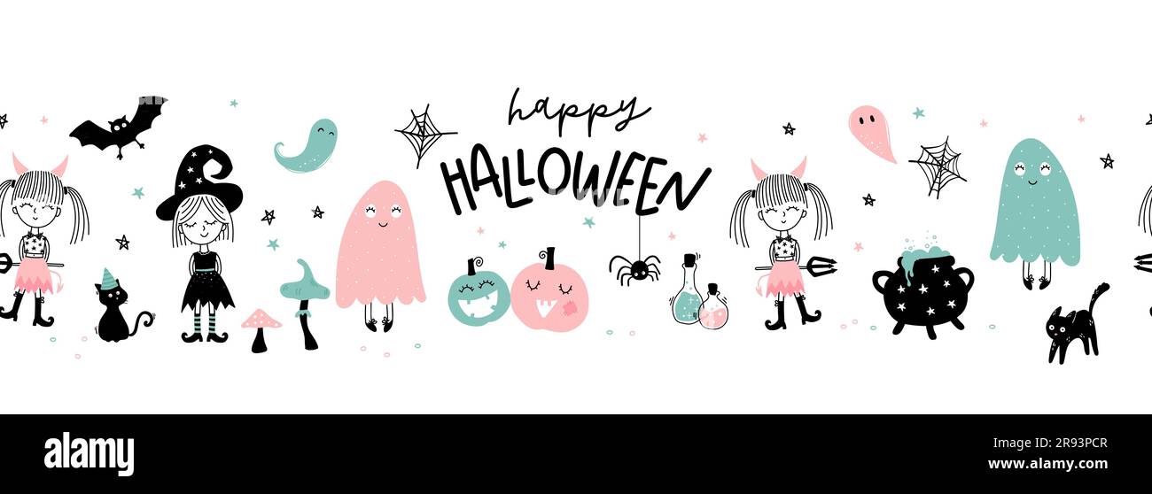 Divertente motivo Halloween senza cuciture disegnato a mano con gatti, cappelli, pipistrelli e decorazioni - ideale per tessuti, striscioni, sfondi, involucri - design vettoriale Illustrazione Vettoriale