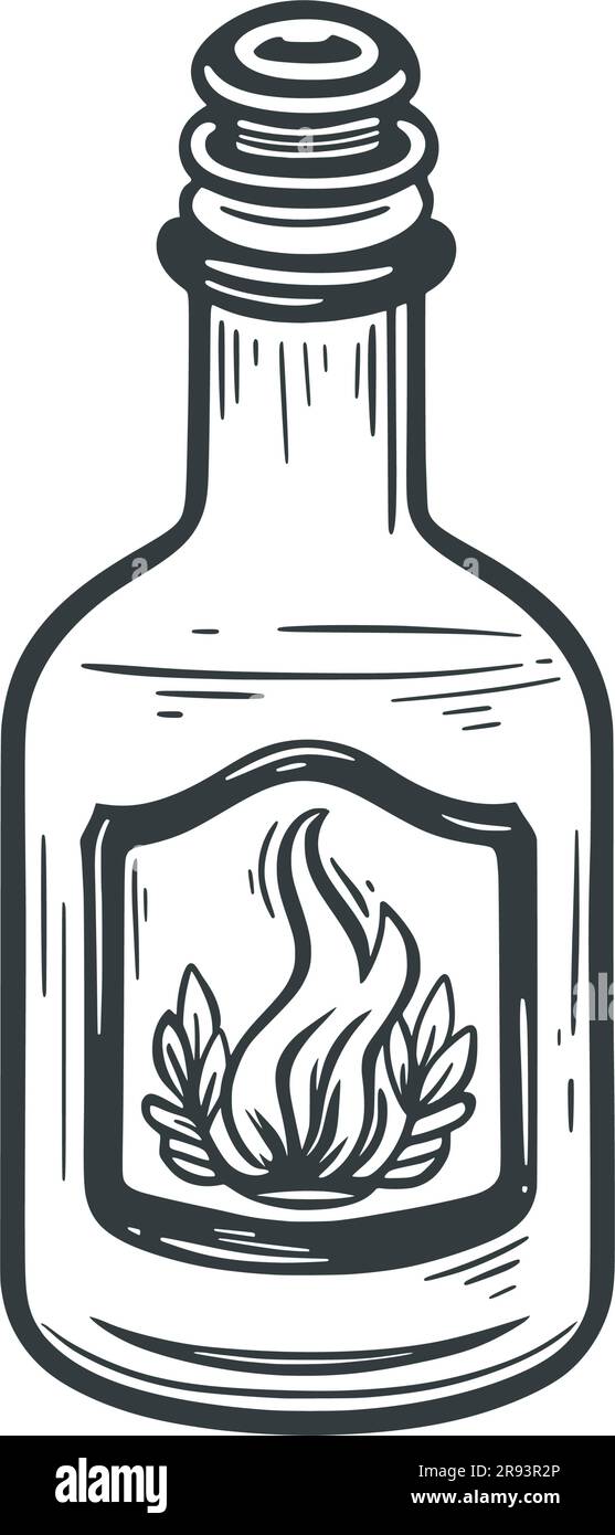 Vecchia bottiglia di vetro con sughero inciso a mano. Bottiglia nera con pozione, decotto, tintura. Vaso vintage con erbe aromatiche, illustrazione vettoriale isolata Illustrazione Vettoriale