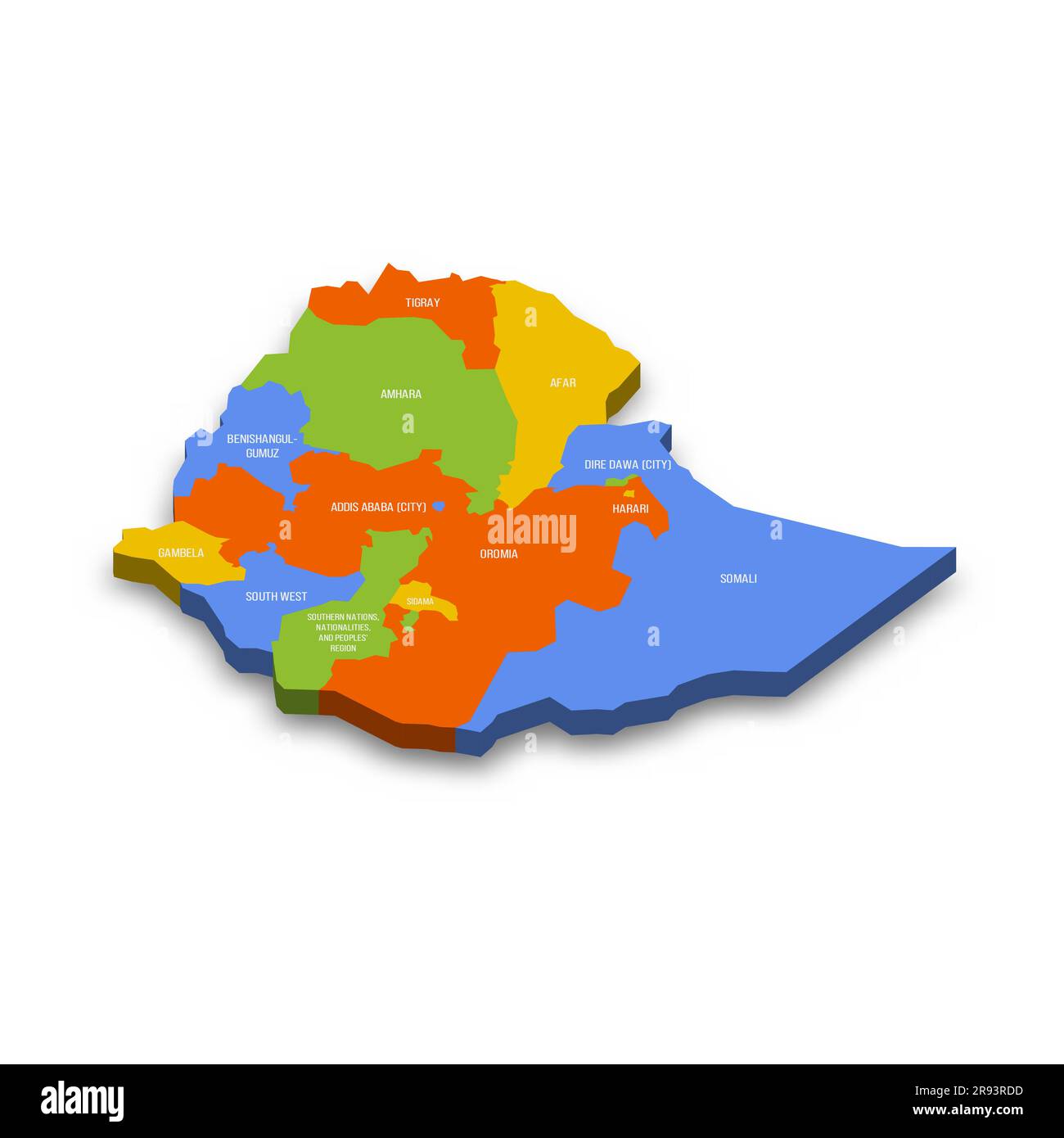 Etiopia mappa politica delle divisioni amministrative - regioni e città charter. Mappa vettoriale 3D colorata con nomi di provincia e ombre eliminate. Illustrazione Vettoriale