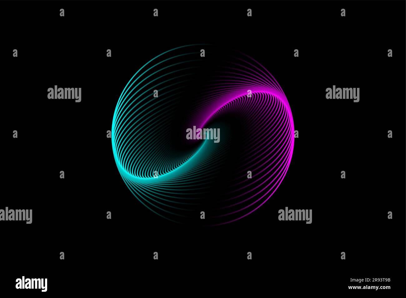Design sferico 3D, elegante logo cerchio luminoso. Tunnel al neon astratto. Linee attorcigliate. Spectrum Space tunnel in colori vivaci blu e rosa. Vettore Illustrazione Vettoriale
