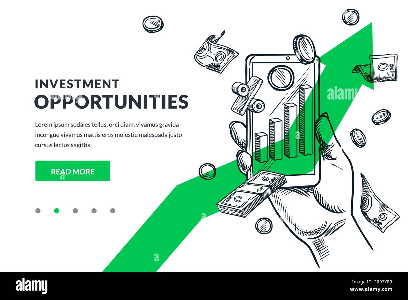 Concetto di investimento, commercio di mercato e finanza. Gestione finanziaria online. Illustrazione di uno schizzo vettoriale disegnato a mano dell'ap della banca di trading per telefoni cellulari Illustrazione Vettoriale