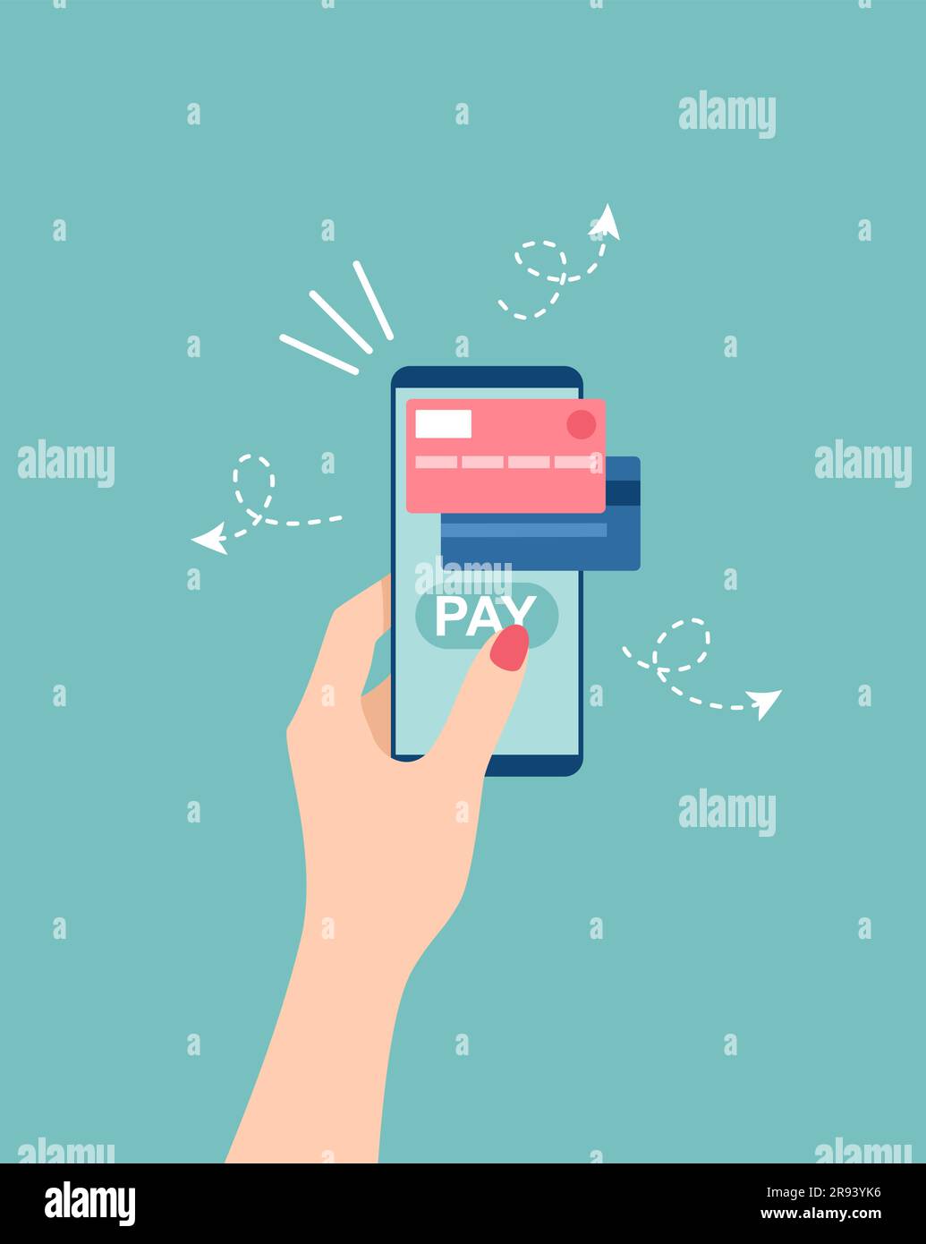 Smartphone femminile con carte di credito e pulsante Pay sullo schermo. Pagamento mobile e online banking. Tecnologia di pagamento NFC. Illu. Vettore piatto Illustrazione Vettoriale