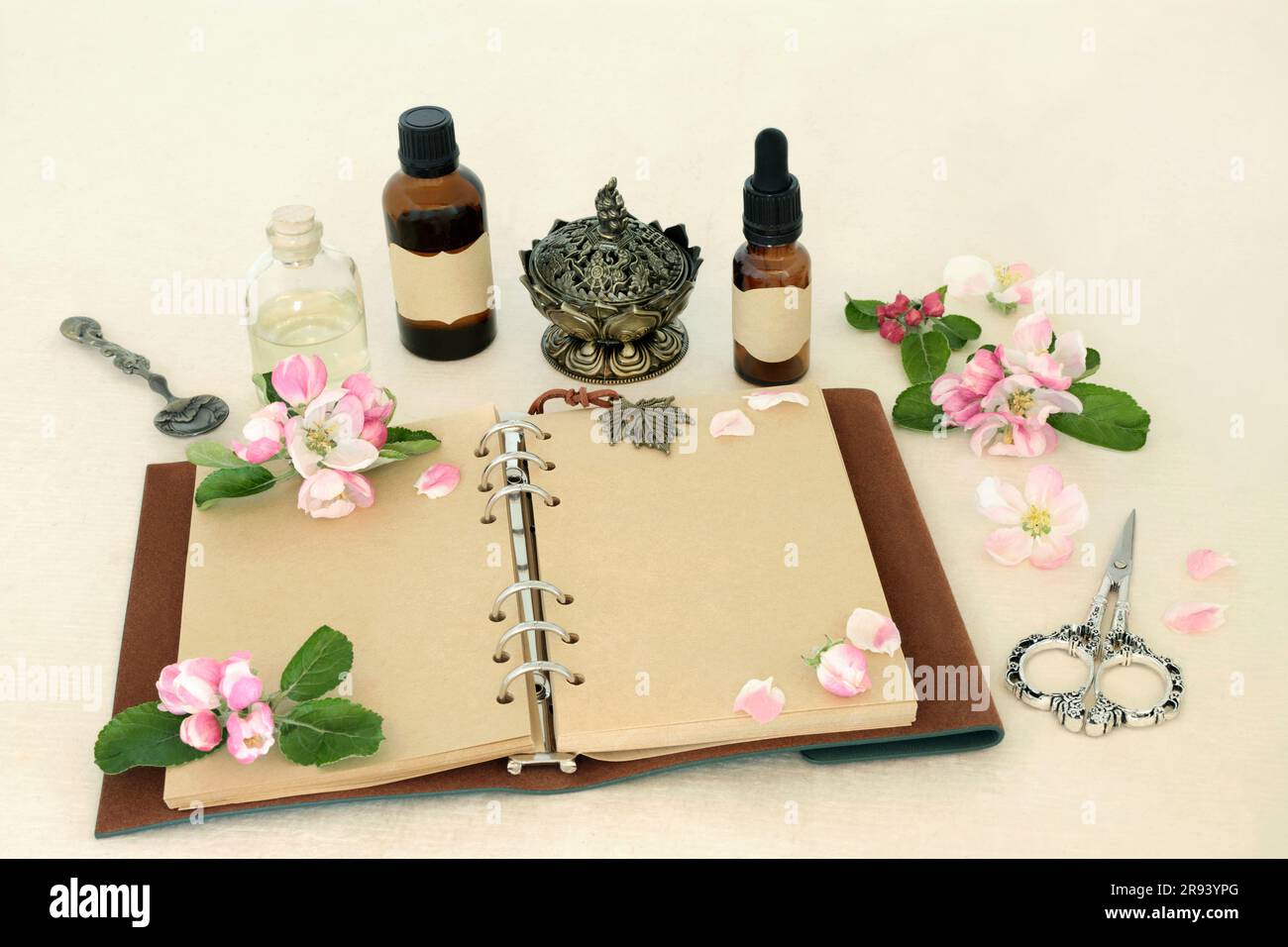 Fiori di fiori di mela per rimedi floreali naturali con notebook, bottiglie di olio essenziale. Natura floreale concetto di assistenza sanitaria alternativa. Foto Stock