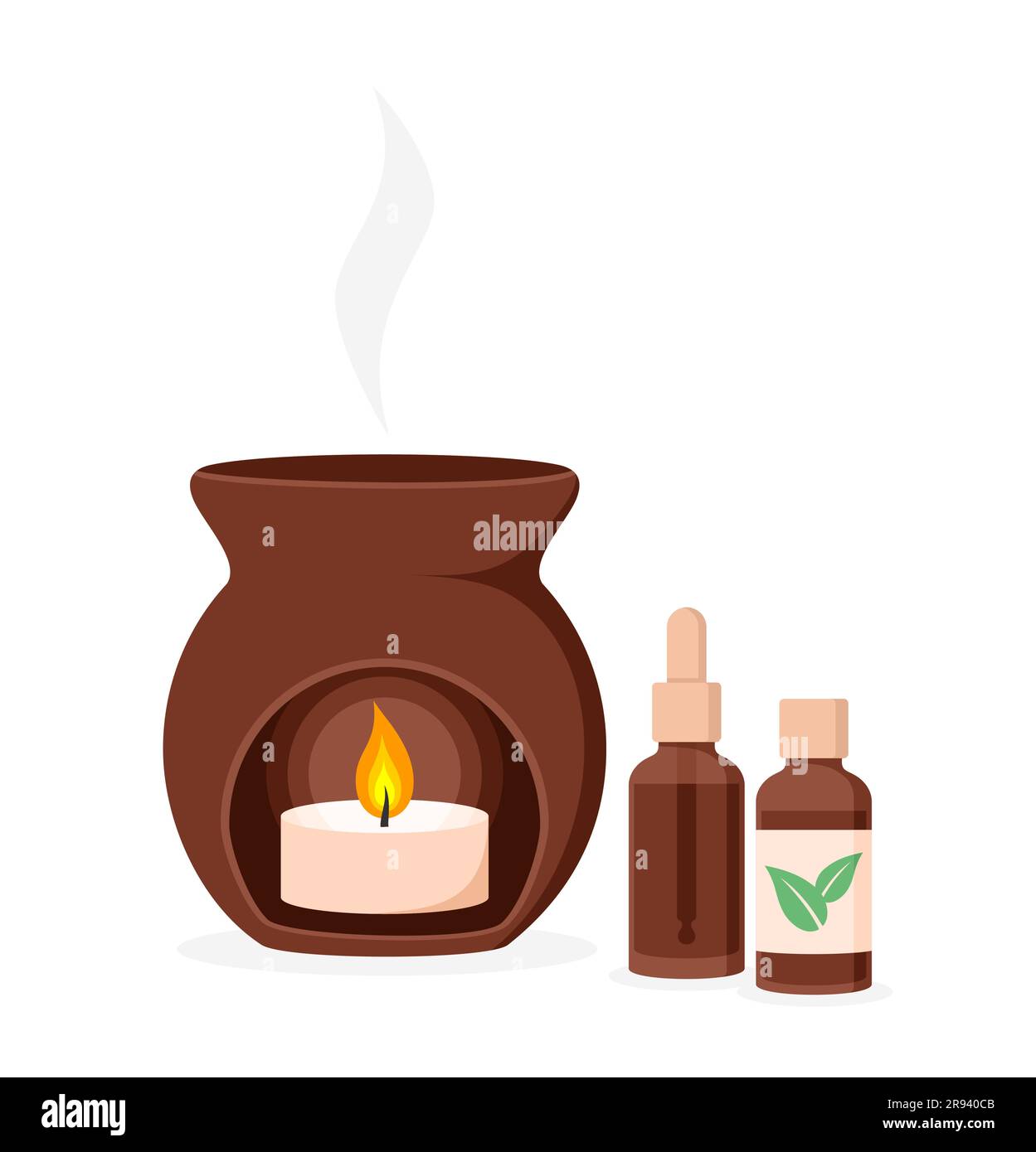 Lampada aromi in ceramica marrone con una candela bruciata all'interno e bottiglie di olio essenziale su sfondo bianco. Illustrazione del vettore piatto Illustrazione Vettoriale