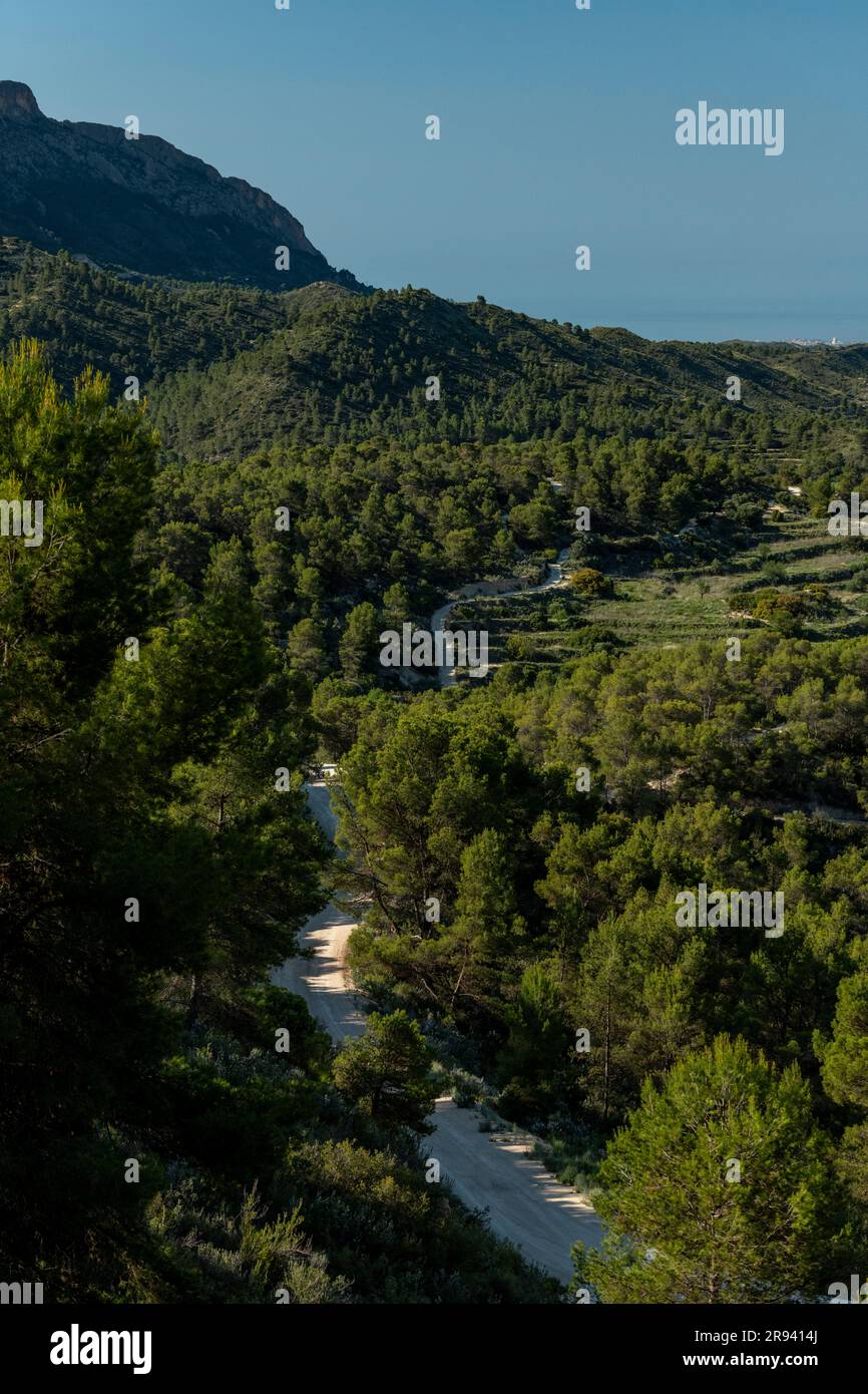 Piccola strada di montagna ghiaiosa che passa sopra una catena montuosa, Costa Blanca, Alicante, Spagna Foto Stock