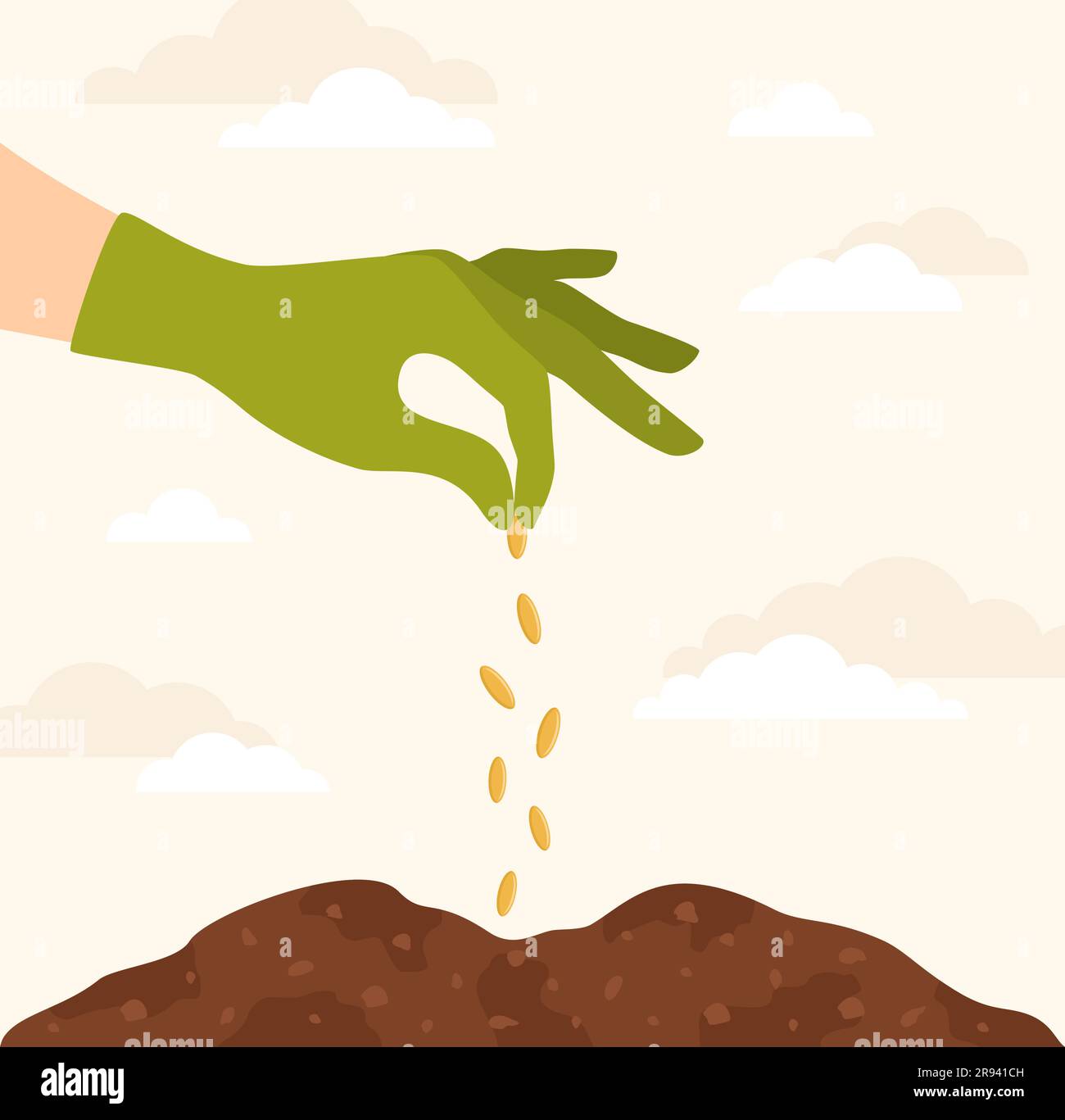 Una mano in un guanto di gomma che versa i semi in un foro nel terreno. Illustrazione del vettore piatto Illustrazione Vettoriale