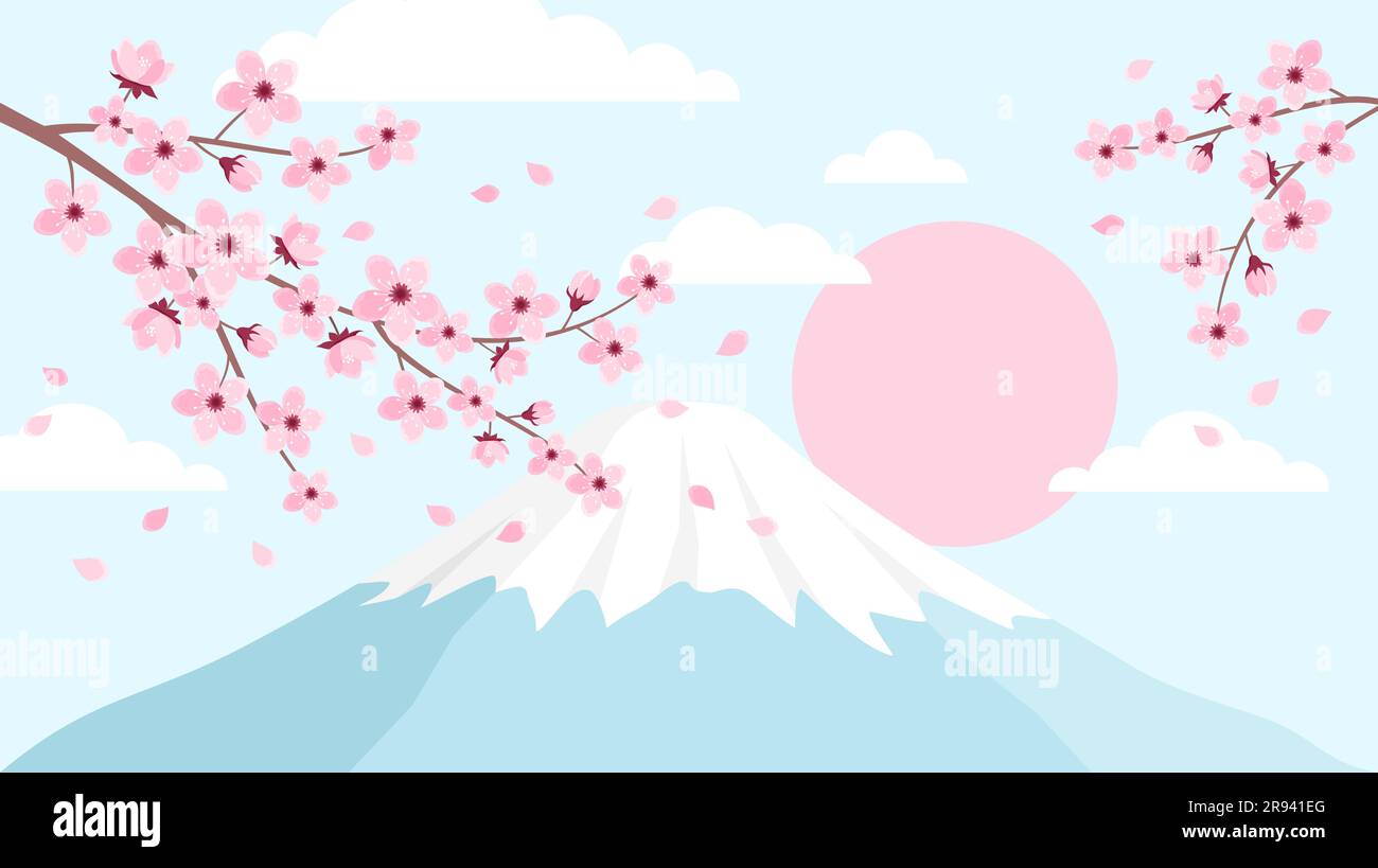 Paesaggio con rami di ciliegio rosa in fiore, una montagna con una vetta innevata e il sole. Illustrazione vettoriale in stile piatto Illustrazione Vettoriale