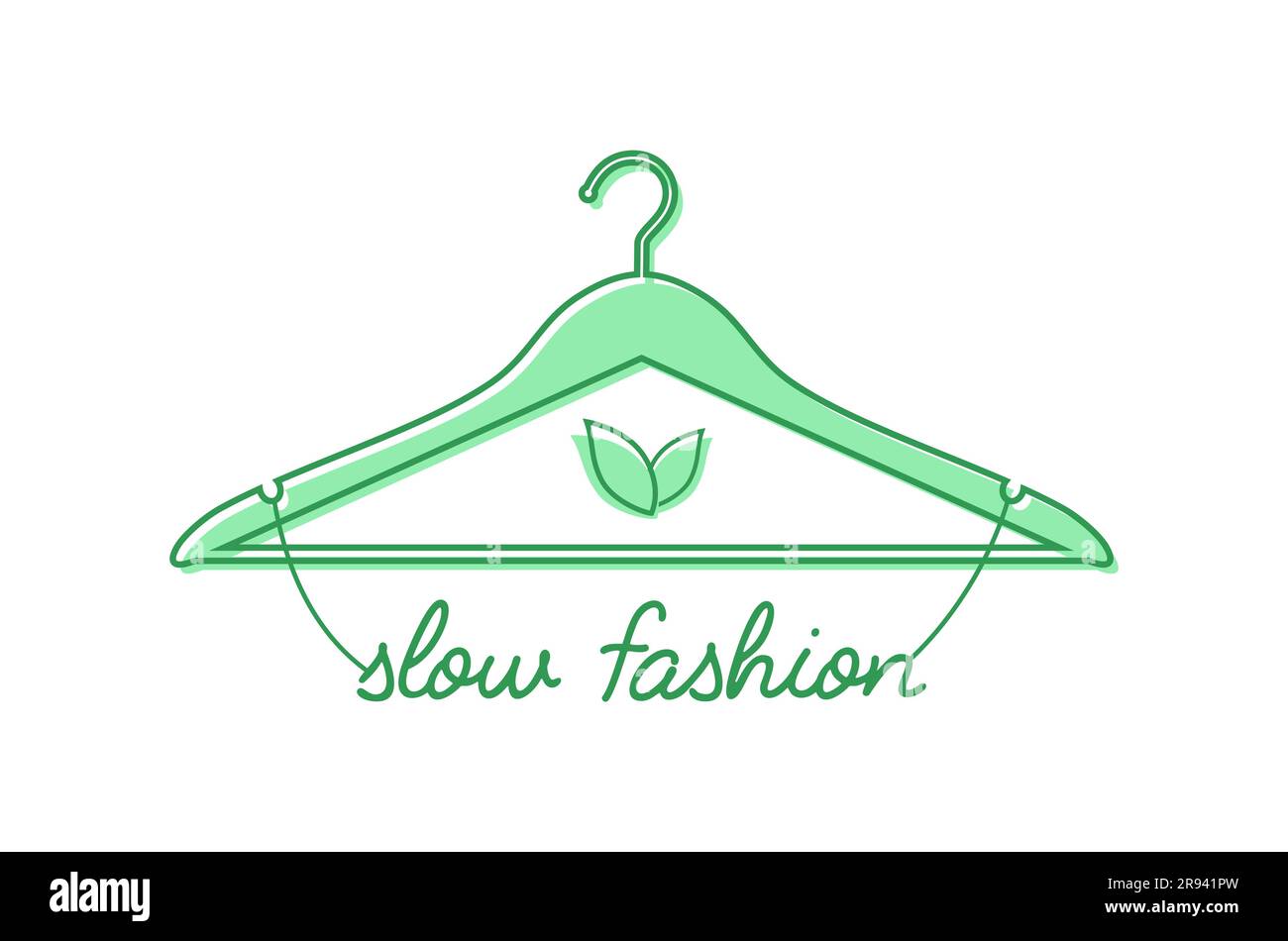 Appendiabiti verde con foglie e testo scritto a mano in modo lento su sfondo bianco. Concetto di moda lenta. Illustrazione del vettore piatto Illustrazione Vettoriale