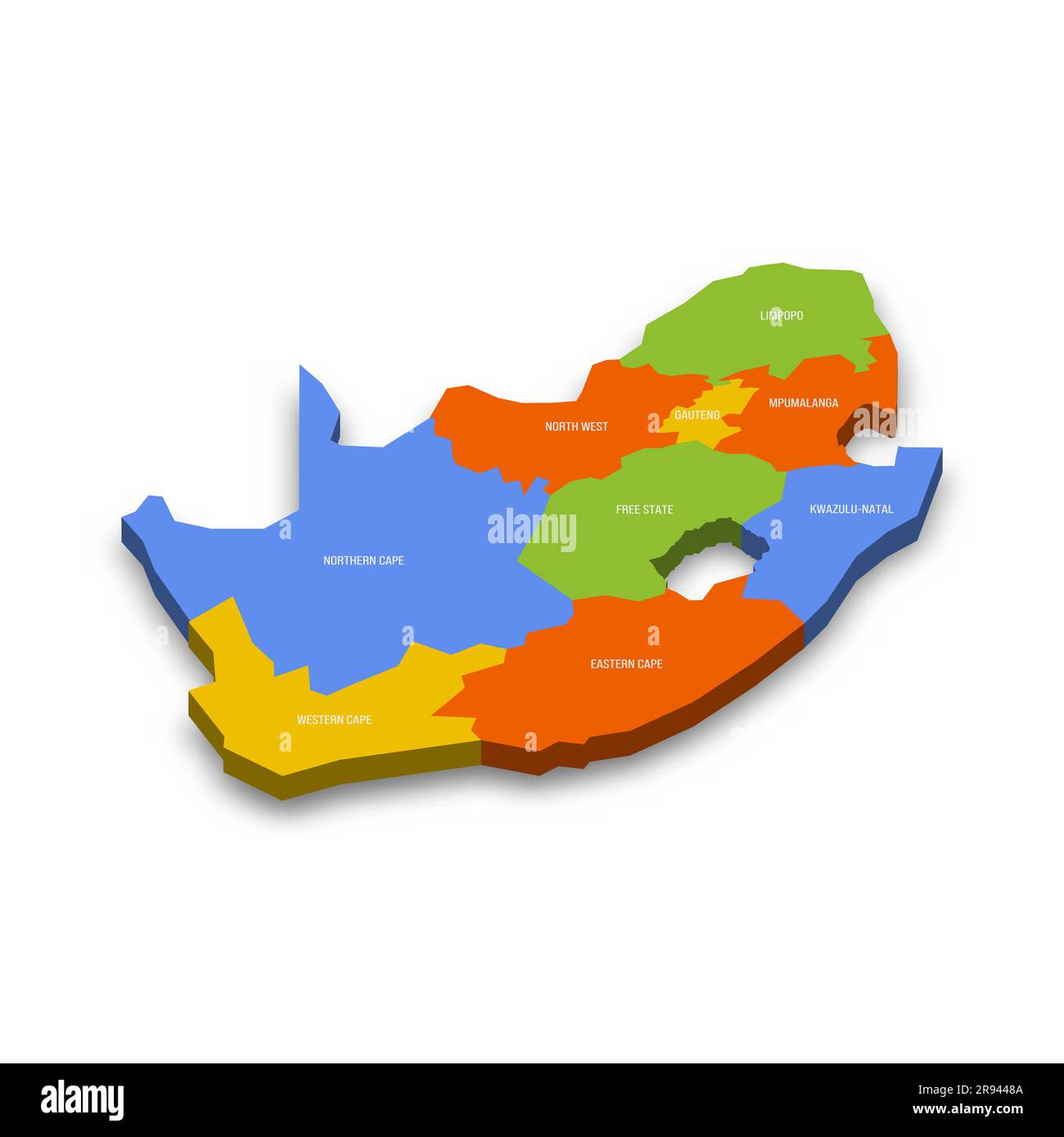 Mappa politica sudafricana delle divisioni amministrative - province. Mappa vettoriale 3D colorata con nomi di provincia e ombre eliminate. Illustrazione Vettoriale