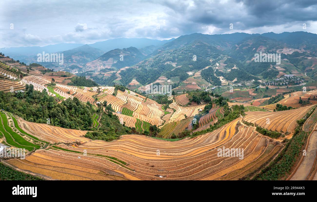 Campi terrazzati durante la stagione di irrigazione a De Xu Phinh, Mu Cang Chai, Yen Bai, Vietnam Foto Stock