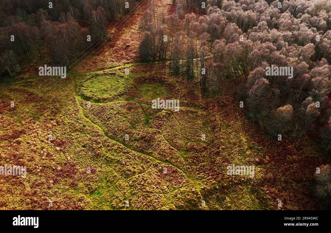 Insediamento preistorico dell'età del ferro di New Kinord, circoli di case, recinti vecchi da 2000 a 2500 anni. Tra Loch Kinord e Loch Davan, Grampian, Scozia Foto Stock